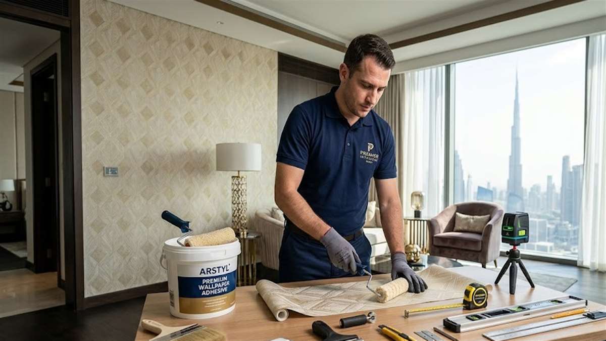 Wallpaper installer preparing premium adhesive with a roller and professional laser level