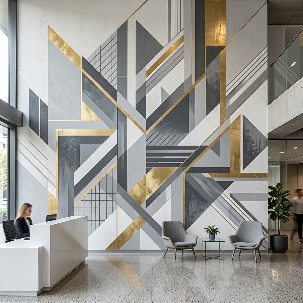 Custom branding graphic mural wallpaper installed in modern corporate reception area in Business Bay Dubai