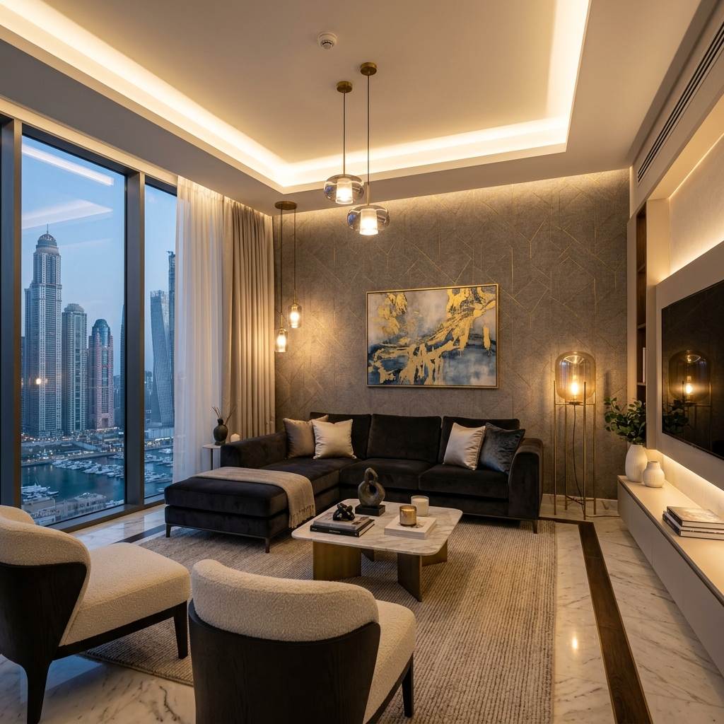 Professional wallpaper installation and fixing services in luxury home in Dubai Marina