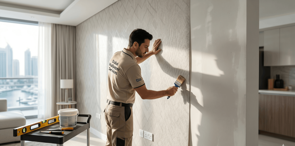 Professional wallpaper installer showing the true wallpaper installation cost in Dubai