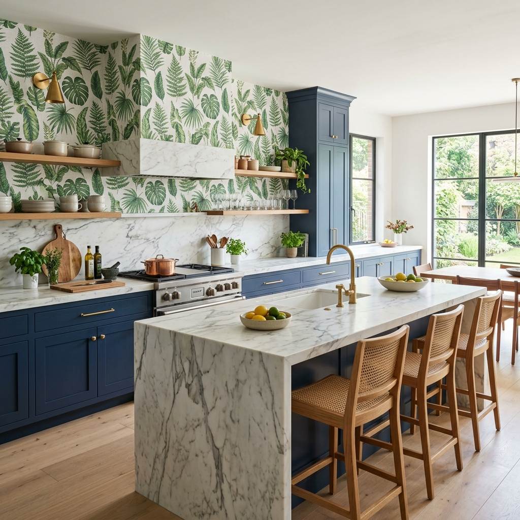 Heat-proof wash and peel kitchen wallpaper floral leafy patterns in Dubai villa
