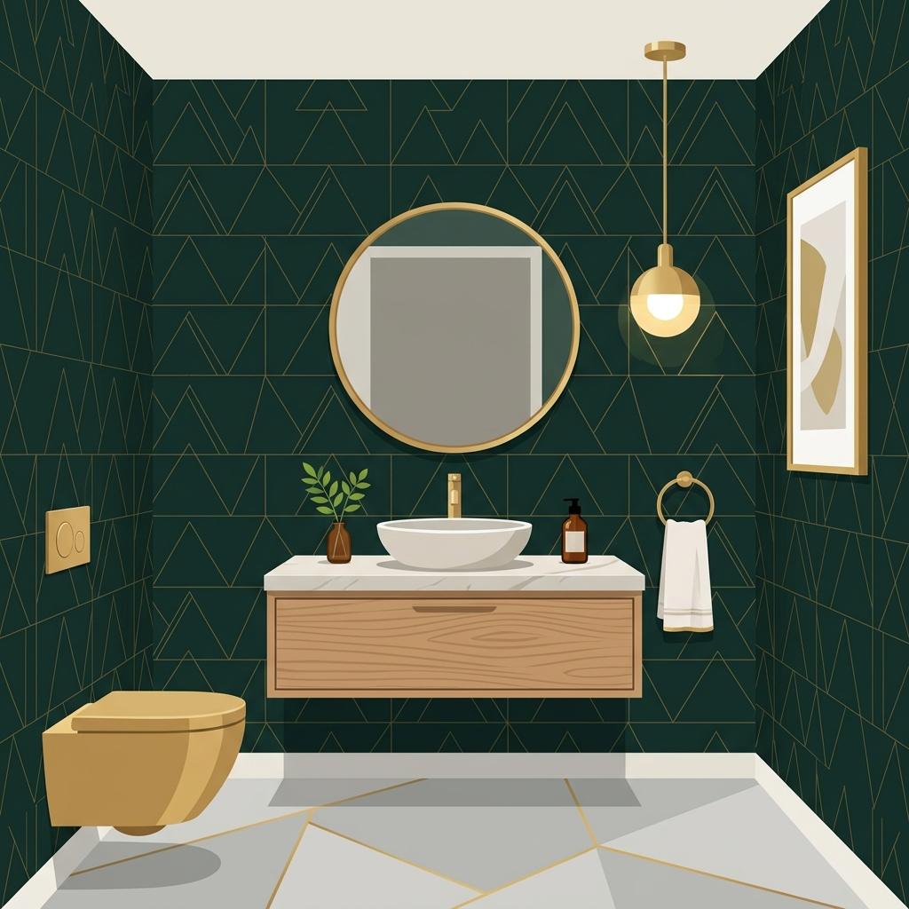 Flat illustration of a luxury powder room with dark wallpaper