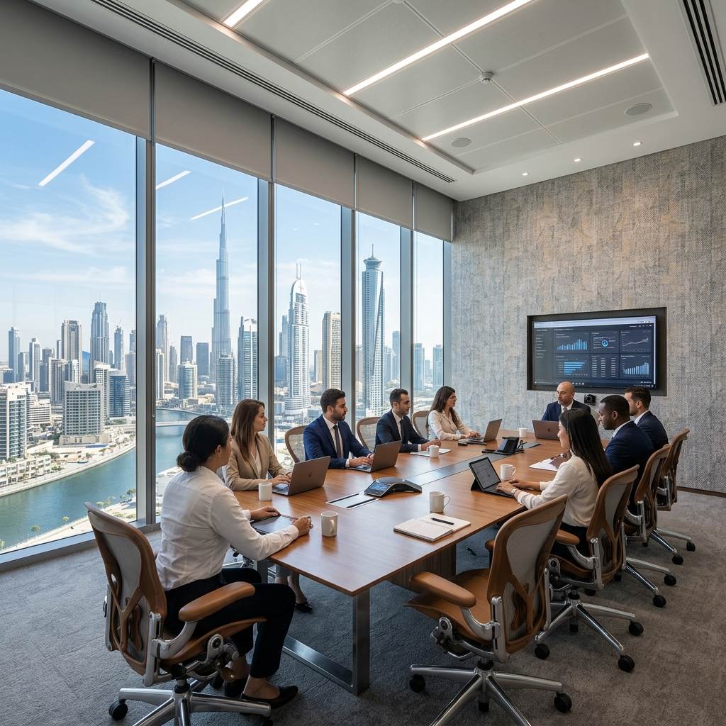 Luxury wood slat 3D acoustic panels installed in Business Bay conference room for sound insulation