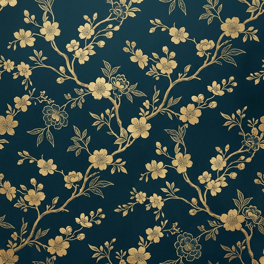 Hand-crafted teal and gold floral wallpaper mural swatch close up