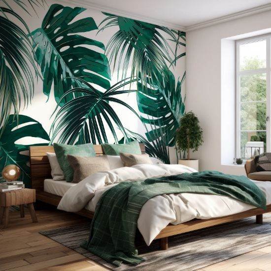 Copacabana Tropical Palm leaves wallpaper in family room Palm Jumeirah