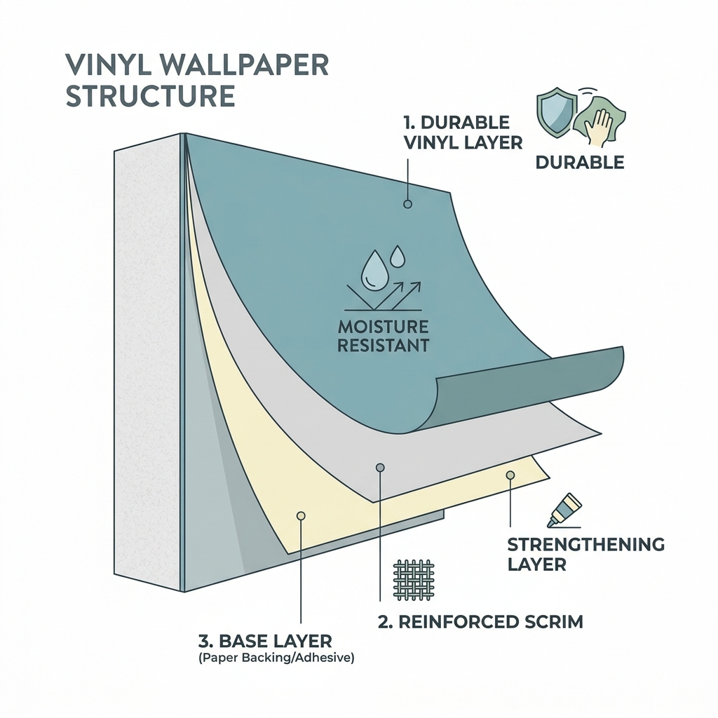 Minimalist diagram illustration of moisture-resistant vinyl wallpaper layers