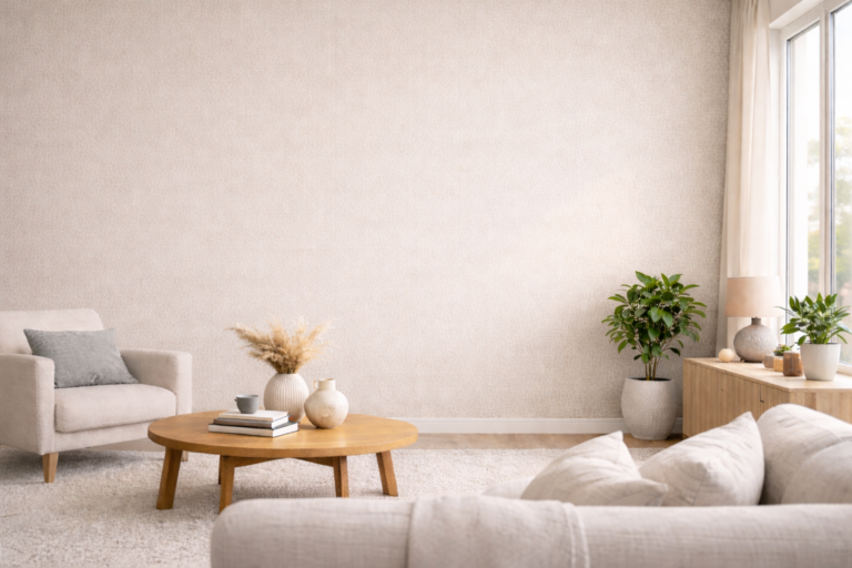 "Professional wallpaper installation in a modern living room"