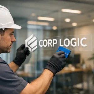 Professional worker installing vinyl logo on glass office door in Dubai